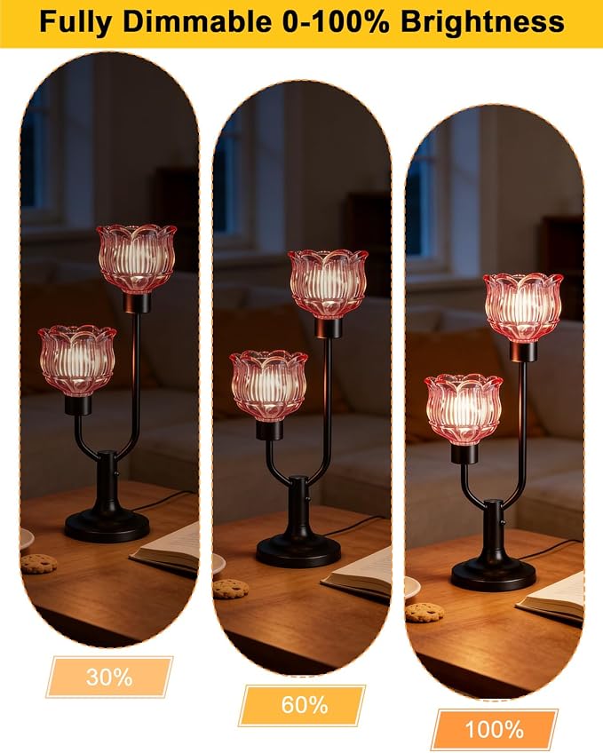 Lightdot Mid Century Modern Red Table Lamp Dimmable Vintage Black Flower Desk Lamp Lotus Glass Nightstand Lamp 2 Bulbs Included Warmwhite Ambient Bedside Lamp for Living Room Bedroom Home Office Decor