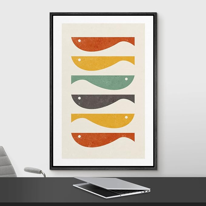 Woodrose Framed Canvas Print Wall Art Ocean Fish Nordic Silhouette Variety Animals Shapes Illustrations Modern Minimalist Chic Relax/Calm Multicolor for Living Room, Bedroom, Office - 16"x24" Black