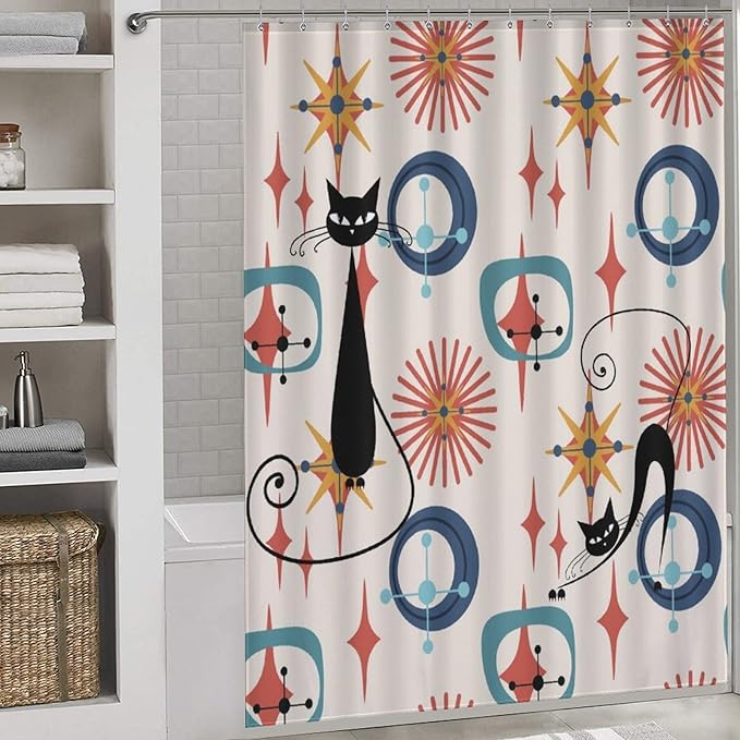 Mid Century Black Cat Shower Curtain,Modern Atomic Retro Abstract Geometric 60s 70s Iconic Decor Fabric Bathroom Curtain with Hook 66x72in（168x183cm）
