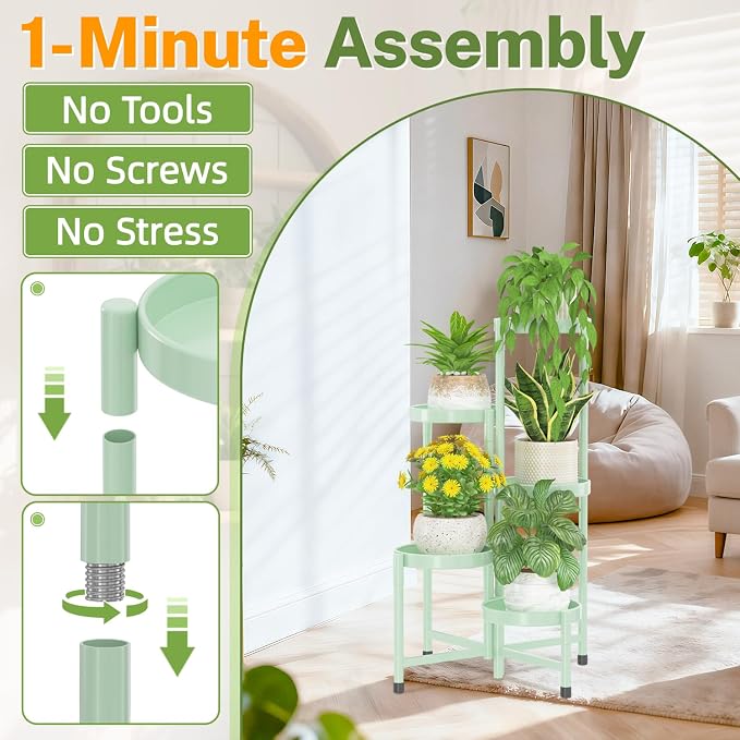 iDavosic.ly Plant Stand Indoor Outdoor, 5 Tier Corner Metal Flower Display Holder Shelf, Folding Tall Orchid Rack for Patio Balcony Porch Garden Living Room House, Light Green