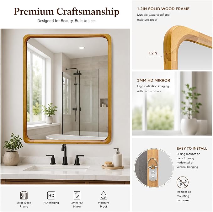 Tanmicoshomy Natural Wood Bathroom Mirror 24 x 36 Inch, Solid Wood Framed Rectangle Mirrors with Tempered Glass for Living Room Bedroom Office or Entryway