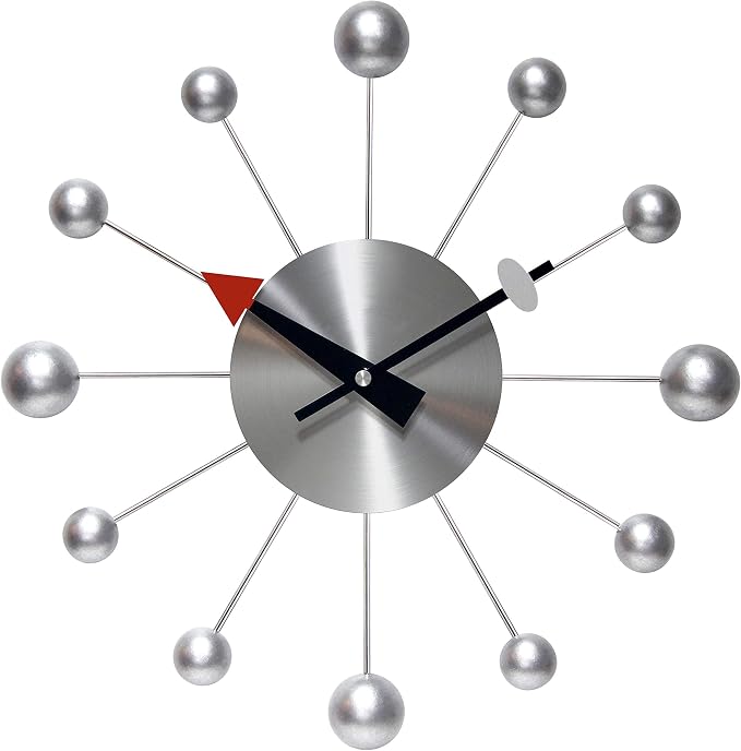 Infinity Instruments Orb Spoke Midcentury Modern 15 inch Retro Starburst Ball Wall Clock Quiet Quartz Movement Mid Century Modern Decorative (Silver)