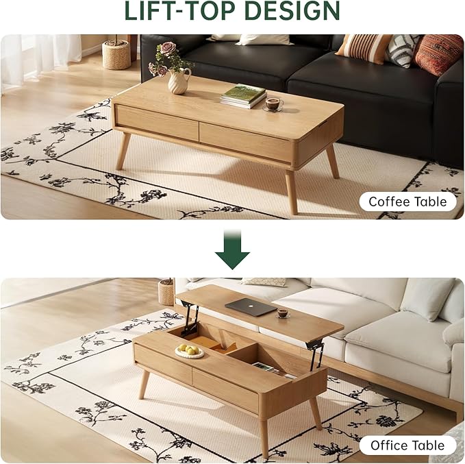Lift Top Coffee Table, 100% Solid Oak Wood Log Color Coffee Table with Drawers and Hidden Compartments, Rectangular Coffee Tables with Storage for Living Room Home Decor (39.37" L)