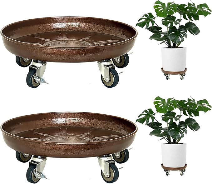Plant Saucer 12" Rolling Plant Caddy Rolling Plant Stand with Wheels – Heavy Duty Metal, Locking, Sturdy, Rust-Resistant Finish, and Easy to Move, 310 lb Capacity, 2 Pack