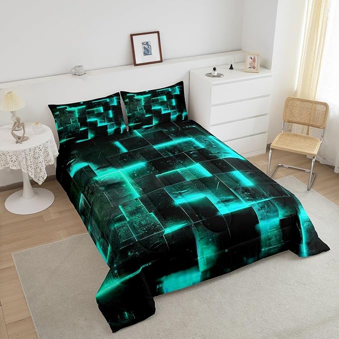 Teal and Black Bedding King 3D Glowing Buffalo King Comforter Set, Modern Abstract Art Bedding Comforter Sets Geometric Plaid Duvet Insert, Gradient Futuristic Cubes Down Comforter (Black Reversible)