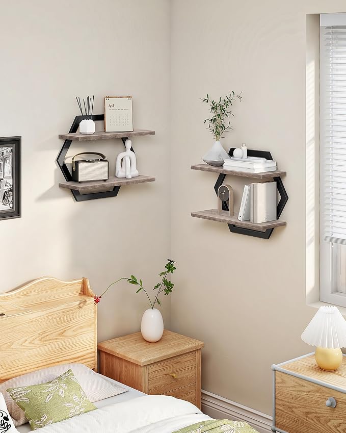 CHOEZON Hexagon Floating Shelves for Wall, Set of 2, 2 -Tier Hanging Shelves, Wall Mounted Storage Shelves, for Living Room, Bedroom, Kitchen, Home Office, Study, Greige TBJ06P2BG