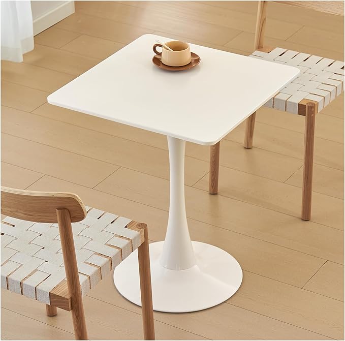 Square Dining Table, 24" Tulip Table with Thickened Tabletop & Metal Pedestal, Mid Century Modern Bistro Table for Kitchen, Small Places, Living Room, Cafe (White)