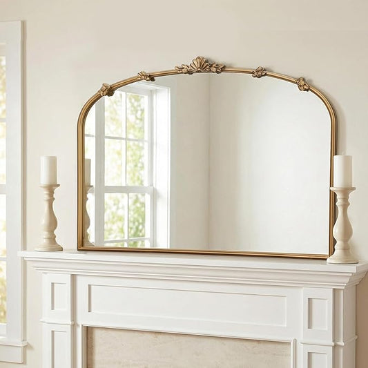Besdomus Large Vintage Gold Mirror: 40"x30" Traditional Ornate Arched Mirror - French Baroque Antique Mirrors for Wall/Mantel/Bedroom/Entryway/Bathroom/Hallway - Home Decor for Fashion-Conscious