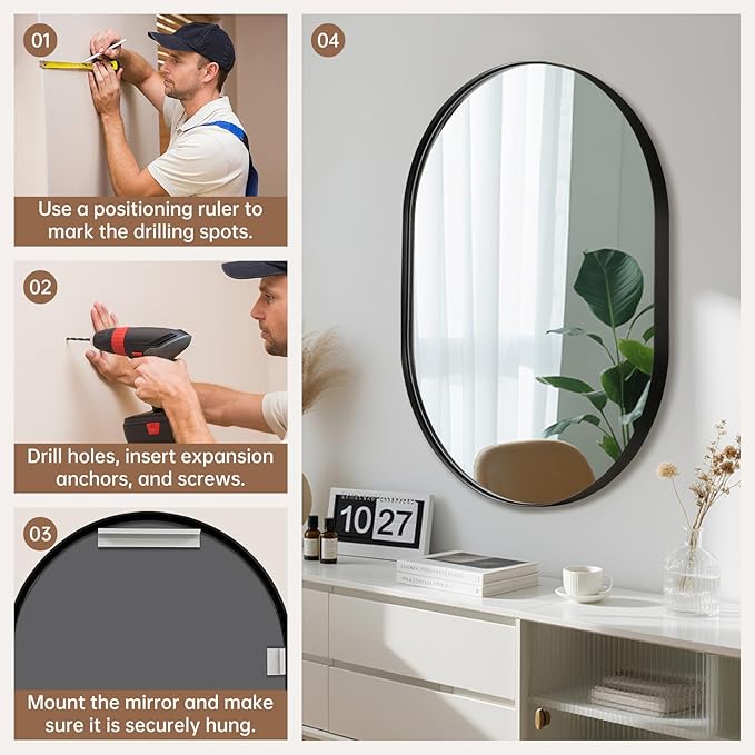 Black Oval Mirror, 17"x30" Oval Bathroom Mirror, Matte Black Mirror with Aluminium Alloy Frame, Anti-Rust, Tempered Glass, Wall-Mounted Modern Mirror for Bathroom, Bedroom, Living Room