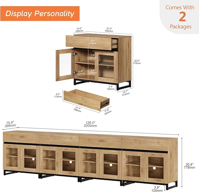 WAMPAT 4 in 1 Multifunctional Sideboard Buffet Cabinets with 8 Glass Doors and 4 Drawers, Modern Sideboard Credenza with and Metal Base, Coffee Bar Storage Cabinet for Living Room, Kitchen, Oak