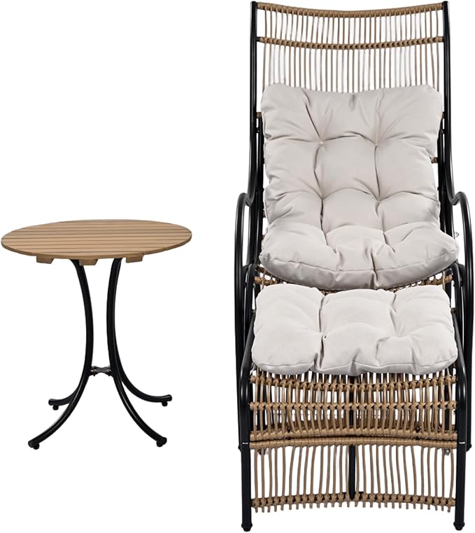 Outdoor Chair with Ottoman, 3-Piece Outdoor Lounge Furniture Set - Lounge Chair, Side Table & Ottoman, Ideal for Garden, Balcony, Deck (Beige,Black+Natural)