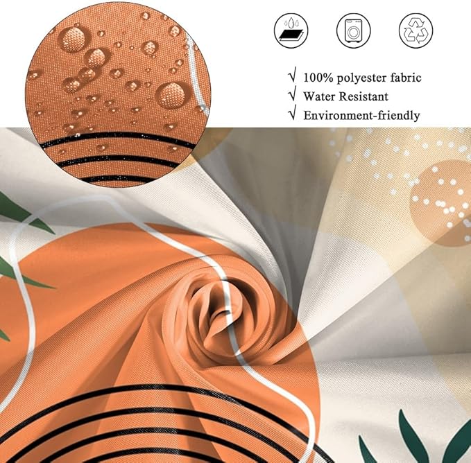 Modern Boho Shower Curtain for Bathroom Abstract Minimalist Bathroom Decor Set Green Leaves Arch Stripes Orange Sun Bathtub Curtains Machine Washable Waterproof Polyester Fabric with Hooks 69x70 Inch