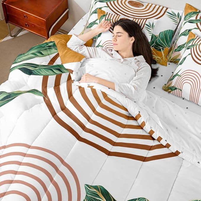 Erosebridal Mid Century Boho Bed in A Bag 7 Pcs Simple Retro Tropical Palm Leaf Comforter Set for Kids Boys Orange Pink Sun Arch Minimalist Bedding Sets Twin Abstract Line Sheet Set with Comforter