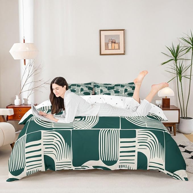 Mid Century Abstract Queen Comforter Cover For Teens Bohemian Geometric Duvet Cover Modern Aesthetics Striped Bedding Set For Kids Boys Adult Women Boho Minimalist Stripes Bed Sets With 2 Pillow Cases