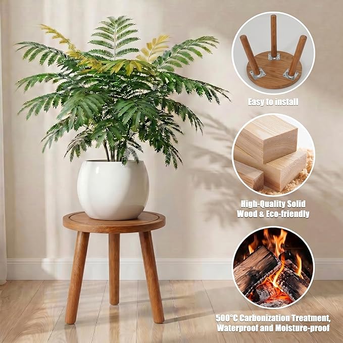 Wood Plant Stands Indoor, Teak Plant Stand Modern Plant Table for Large Plants, Wooden Plant Stool, Tall Plant Holder Small Round Side for Living Room, Balcony, Office (1 Pack)