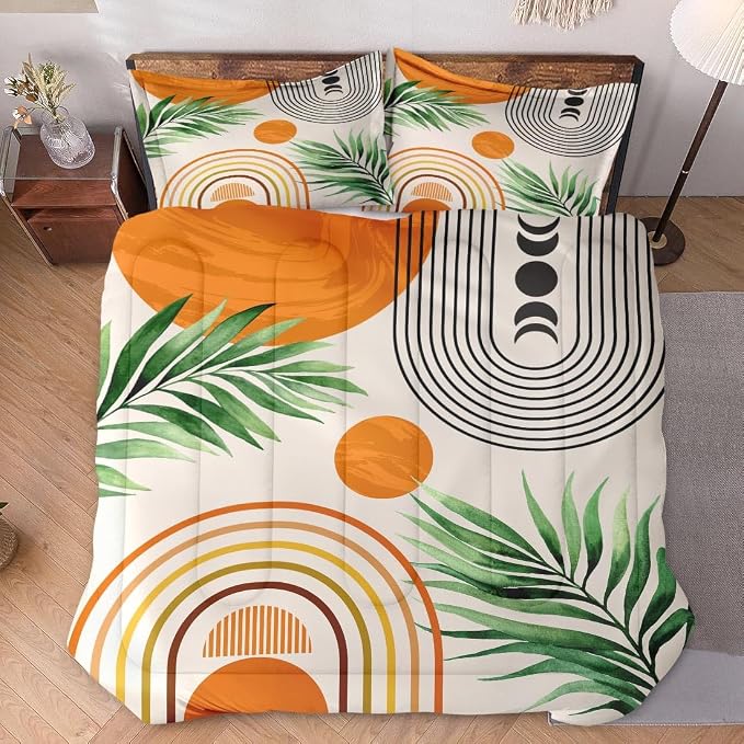 WeCozy Full Size Comforter Set with 2 Pillowcases, Contemporary Mid Century 3 Pcs Bedding for Kids and Adults, Rainbow Sun Boho Geometric Soft Comforter Set for Bedroom Bed Decor
