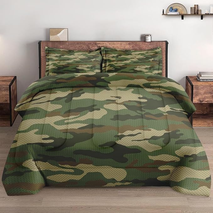 Pamnest Comforter Set King Size, Military Camouflage Soft 3 Pcs Bedding for Kids and Adults, Army Green Camo Comforter Set with 2 Pillowcases for Bedroom Bed Decor