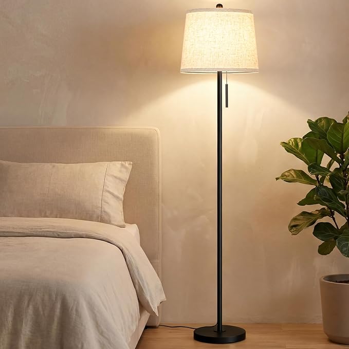 【Upgraded】 Modern Black Floor Lamp 63in Standing Lamp for Living Room Bedroom Office 3 Way Brightness Dimmable Tall Pole Light with Beige Linen Shade Metal Shade 8W 3000K LED Bulb Included