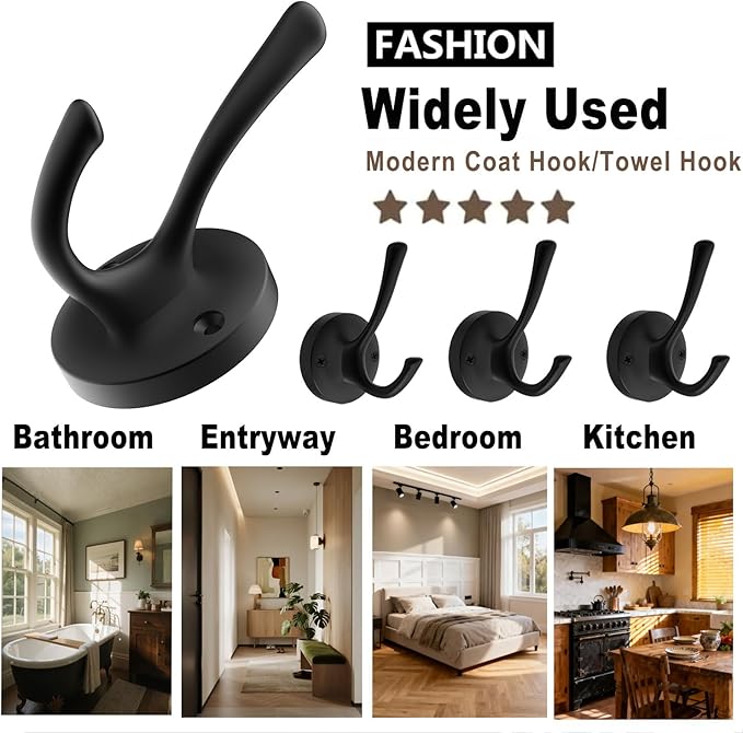 Black Wall Hooks, 6 Pack Coat Towel Hook Heavy Duty Metal Double Bath Robe Hook Wall Mounted, Hat Hooks for Cubicle Bathroom Kitchen Closet Garage