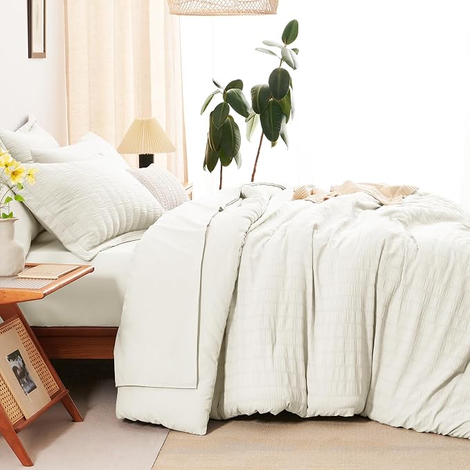 CozyLux California King Comforter Set with Sheets 7 Pieces Ivory Seersucker Bed in a Bag, Cal King Luxury All Season Bedding Set with Down Alternative Comforter, Sheets, Pillowcases & Shams, Home Gift