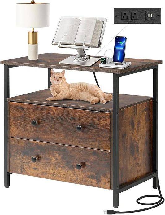 27 inch Wide Night Stand with Charging Station, Bedside Table with Open Shelf, 2 Drawers Small Wood Dresser, Modern Wood Nightstand for Bedroom/Living Room (Rustic Brown)