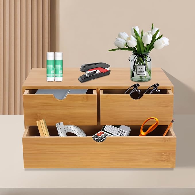 Bamboo Desk Organizer Small Retro Bamboo Tabletop Storage Box with Drawers& Recess Handles for Office Home Supplies Table Storage Collector 13 * 7.5 * 6in (3 Drawers/2 Top&1 Bottom)