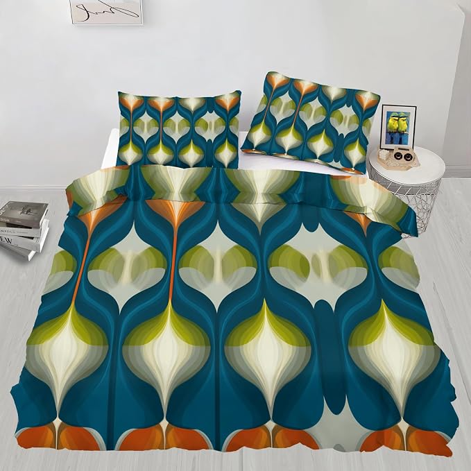 Mid Century Modern Duvet Cover Queen Size, Groovy Abstract Retro Bedding Set 3 Piece, Blue Green Geometric Patterned Comforter Cover with Zipper Soft Microfiber, 2 Pillowcases
