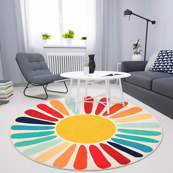Garvee Rainbow Sun Round Rug, Washable 3ft Non Slip Low Pile Rug with Cute Sun Print for Nursery Sofa Bedroom, Mid Century Modern Circle Rugs for Playroom Kids Room, Colorful Red