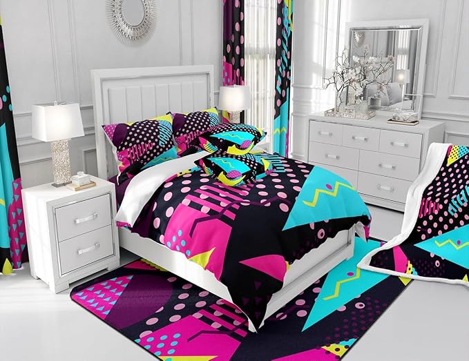 Manfei Memphis Comforter Set Queen Size, Retro 80s or 90s Fashion Style Quilt Set with 2 Pillowcases, Geometric Triangle Circle Bedding Set 3pcs for Kids Boy Girls Lightweight Duvet Insert