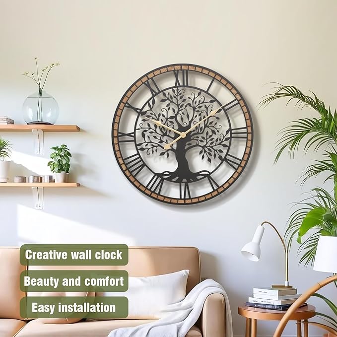 Micasso Vintage Oversize Wall Clock: 38Inch Farmhouse Tree of Life Metal with Wood Frame - Rustic Battery Operated Wall Clocks for Fireplace/Living Room/High-Ceiling - Home Decor for Homemakers
