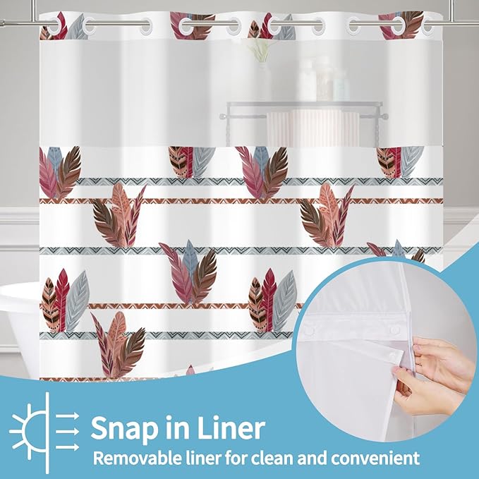 No Hooks Boho Tribal Shower Curtain with Snap in Liner Feathers Bohemian Shower Curtains for Bathroom Decorative Geometric Stripes Aesthetic Fabric Waterproof Inner Liner 71x74 Inch
