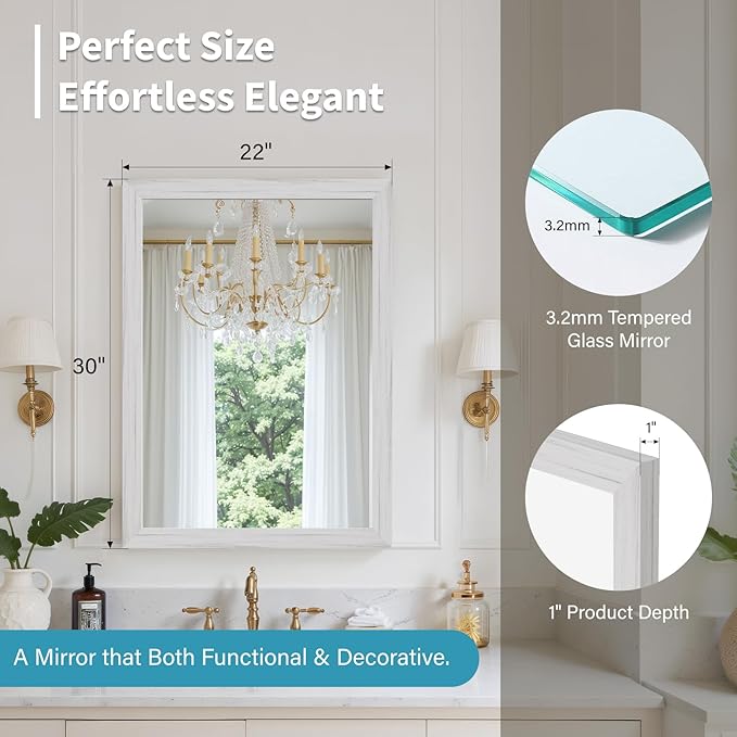 White Wood Effect Framed Wall Mirror, 22x30 Rectangle Mirror, 1/8" Anti-desilvering Tempered Glass, Sustainable& Sturdy Frame, Anti-Rust, HD Reflection &3min Fast Setup for Bathroom Living Room
