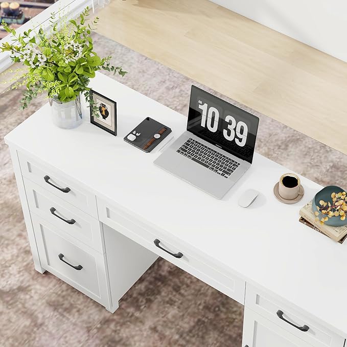 Vabches Farmhouse 61'' Executive Desk with 5 Drawers, Rustic Office Desk Computer Table with File Drawers and Storage Cabinet, Wood Workstation for Study and Home Office,(Cream White)