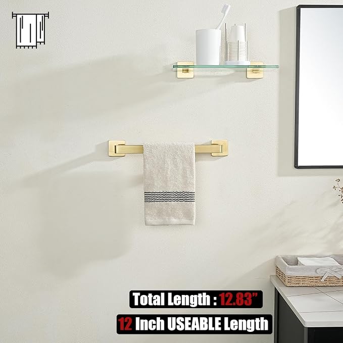 JQK Gold Towel Bar, Rounded Edges 14.41 Inch Towel Rack, 304 Stainless Steel Bathroom Wall Mount, Useable Length 12 Inch, TB250L12-BG