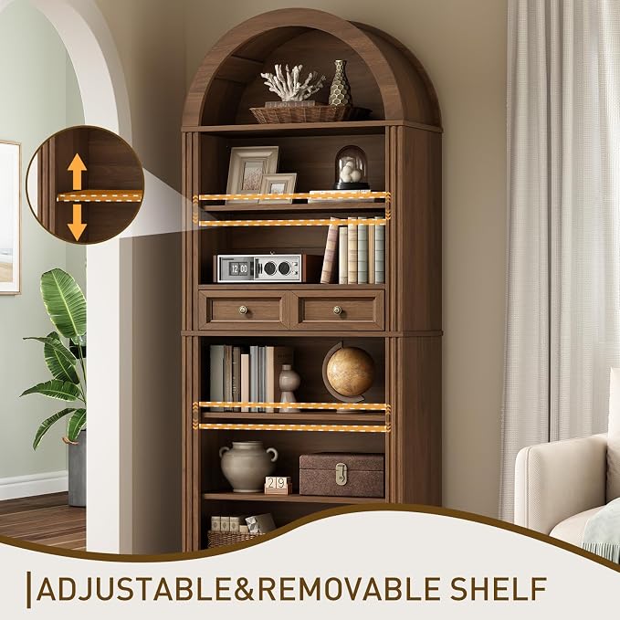 RALGEND Arched Bookshelf, 73" Tall Arch Bookcase with Drawer, 6-Tier Farmhouse Book Shelf, Wooden Bookshelf with Open Display Shelves for Living Room, Office, Adjustable Shelf, Walnut