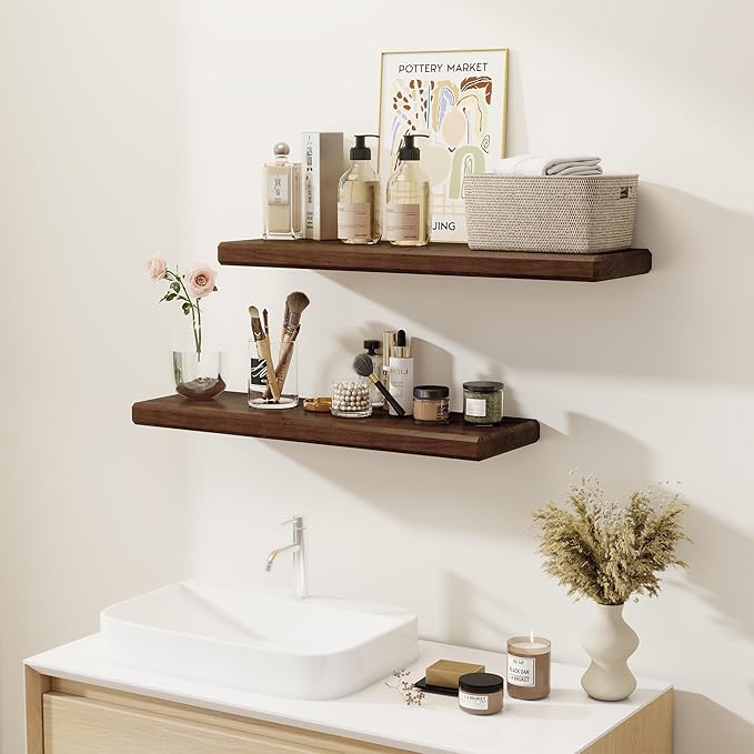 Axeman 30Inch Natural Wood Floating Shelves for Wall|Rustic Wooden Shelves for Bedroom Kitchen Bathroom|Storage Shelf with Invisible Bracket for Wall Mounted|Set of 1|Walnut Color