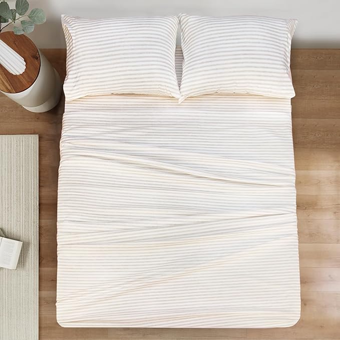 Mejoroom Striped King Size Sheet Set - Soft Microfiber Bed Sheets,Deep Pocket Fitted Sheet, Soft, Breathable, Wrinkle & Fade Resistant - 4 Piece (Beige Stripe)