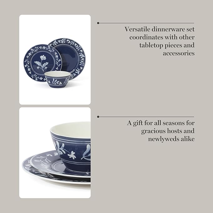 Martha Stewart Maiden Crown 12-Piece Sky Blue Dinnerware Set – New Bone China Ceramic Plates & Bowls – Floral Design – Service for 4 – Microwave & Dishwasher Safe