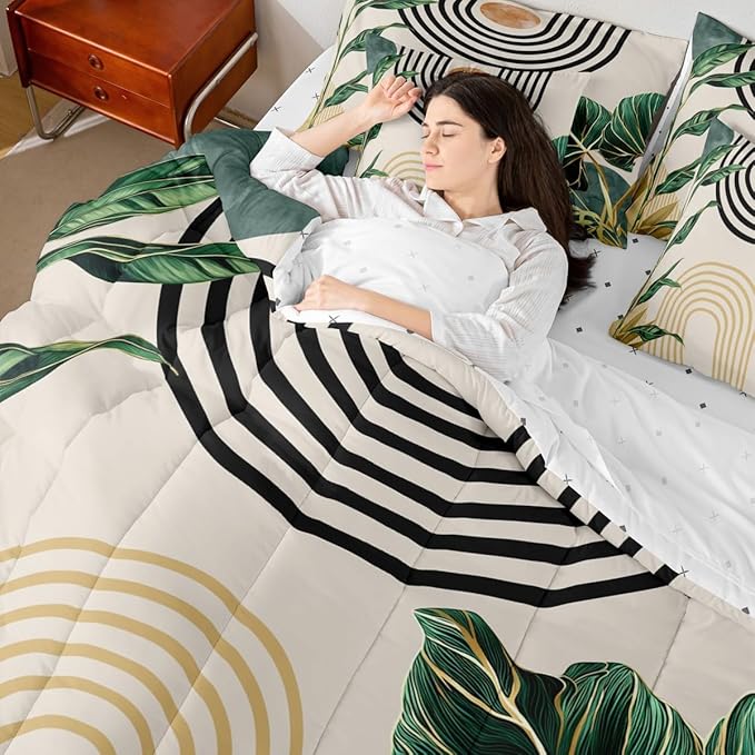 Erosebridal 7 Pcs Mid Century Boho Comforter Set Twin Size Abstract Art Simple Bedding Sets,Minimalist Tropical Palm Leaves Bed in a Bag Modern Bohemian Style Quilt with Flat Fitted Sheet,Green Gold