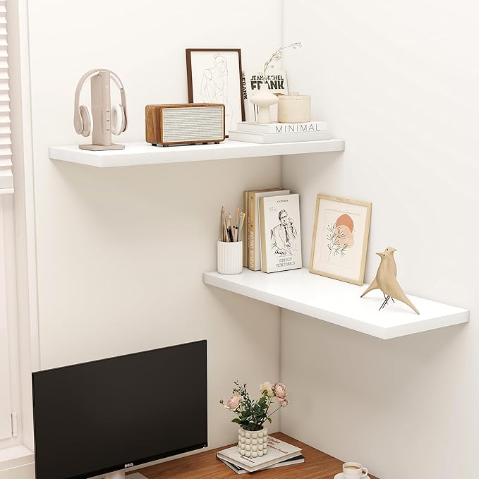 Dreamland 36" Floating Shelves for Wall, 12" Deep Slim White Floating Shelves, Wall-Mounted Shelves for Bedroom, Living Room, Kitchen, Bathroom - Set of 2