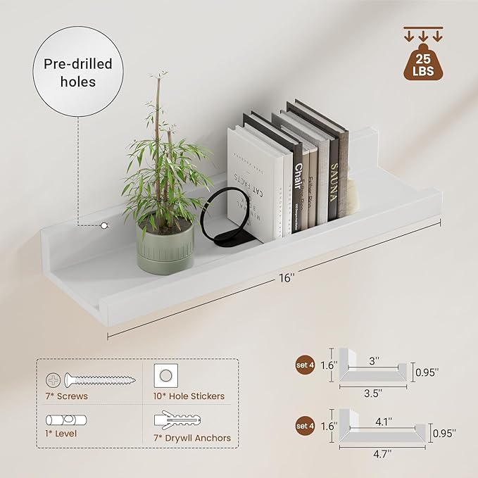 Heimlove 24 inch Picture Ledge Shelf Set of 8,Long Floating Shelves for Wall,White Picture Shelf with Lip for Wall Decor,Living Room Bedroom Bookshelf Photo Frames Nursery Book Shelves for Storage