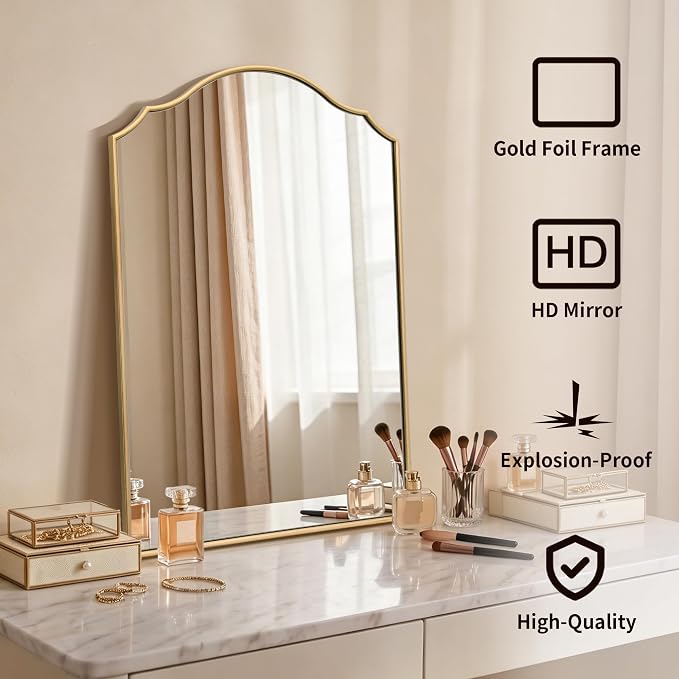 Besdomus Scalloped Gold Mirror for Bathroom: 24"x36" Minimalist Modern Arched Mirror - Wooden Frame Wall for Vanity/Bedroom/Mantle/Entryway/Fireplace/Hallway - Idea for Housewife