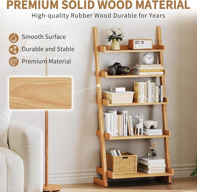 Uniclinens Natural Wooden Ladder Shelf, 5-Tier Leaning Bookshelf, Ladder Bookshelf for Compact Spaces, Leaning Bookcase for Living Room, Bedroom, Home Office