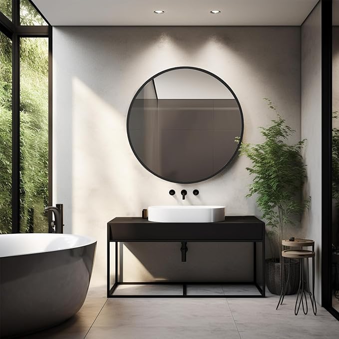 Sunniry Circle Mirror 26 inch, Black Round Mirror, Round Bathroom Mirrors Matte Metal Frame, Circle Mirrors for Living Room, Bathroom, Wall, Hallway.