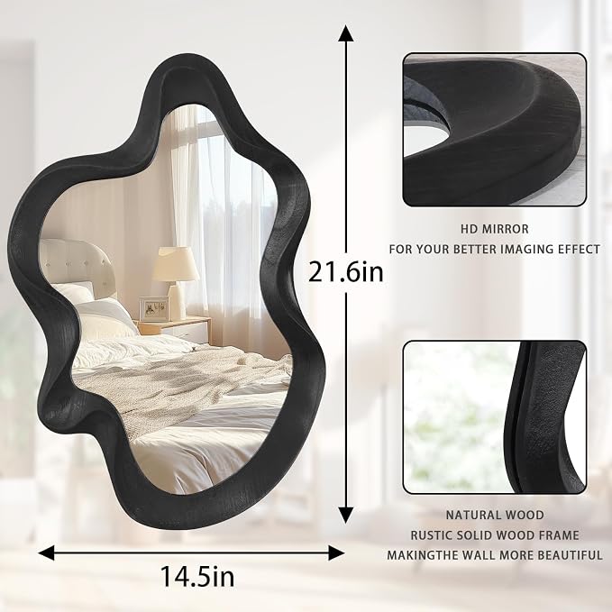 Asymmetrical Mirror for Wall Decor Large Modern Wavy Wooden Framed Wall Mirror Unique Shape Wall Mounted Vanity Artistic Wavy Mirror Decorative for Living Room Bedroom Bathroom Entryway Black