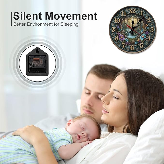 Enchanted Forest Wooden Wall Clock Silent Non Ticking - Frameless 10/12 Inch Battery Operated Decor for Living Room Bedroom Office Kitchen