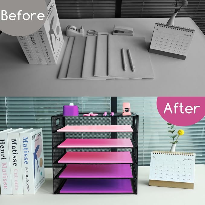 5 Tier Lettrer Tray Organizer, Metal Mesh Desk File Organizer with Sliding Trays, Paper Sorter Desk Organizer for Home Office School, Black
