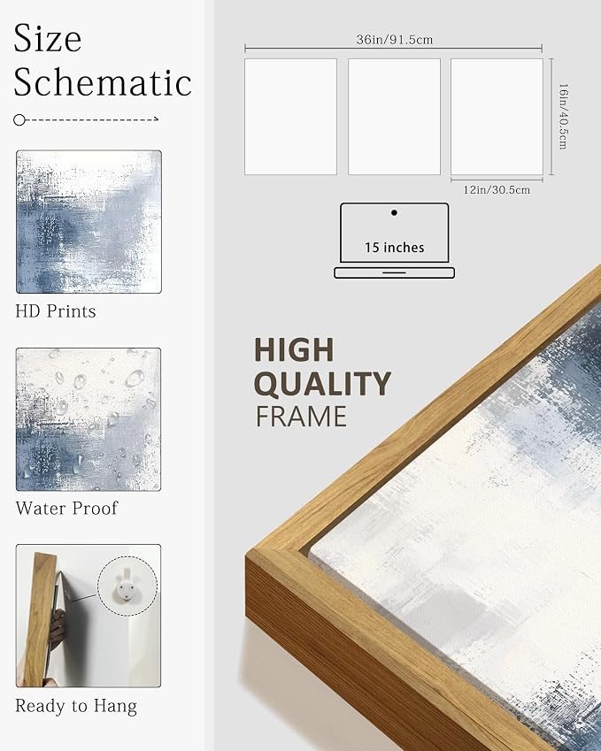 KUVIOKE Navy Blue and Gray Abstract Framed Canvas Wall Art Brush Strokes Block Shape Pastel Wall Decor Modern Minimalist Art Painting Home Decor 12x16in (Natural Framed)