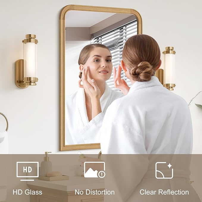 HOMECOOKIN 24" x 36" Wood Framed Mirror Bathroom Mirrors for Wall, Natural Arched Wood Bathroom Vanity Mirror for Entryway, Living Room or Bedroom Home Decor