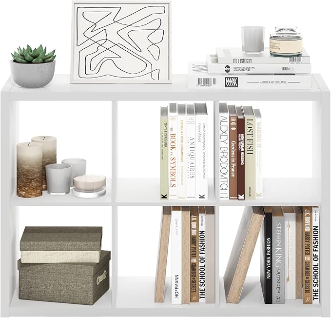 Furinno Cubicle Book Shelf, 6-Cube Bookshelf, Extra Thick Frame Horizontally & Vertically Reversible Bookcase with Open Back, 14.6" x 44" x 30", for Living Room, Bedroom, Home Office, White